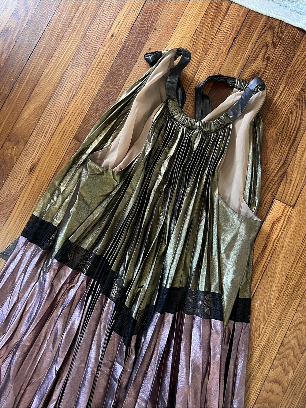 BCBGMaxAzria Olive-Gold and Mauve Metallic  Pleated Dress